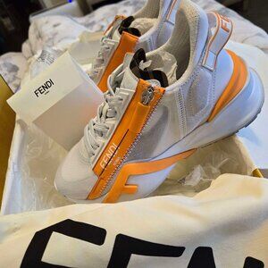 Fendi White and Orange “Fendi Flow” Low-Top Sneakers